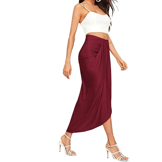 Bordowa kopertowa spódnica midi z drapowanym przodem