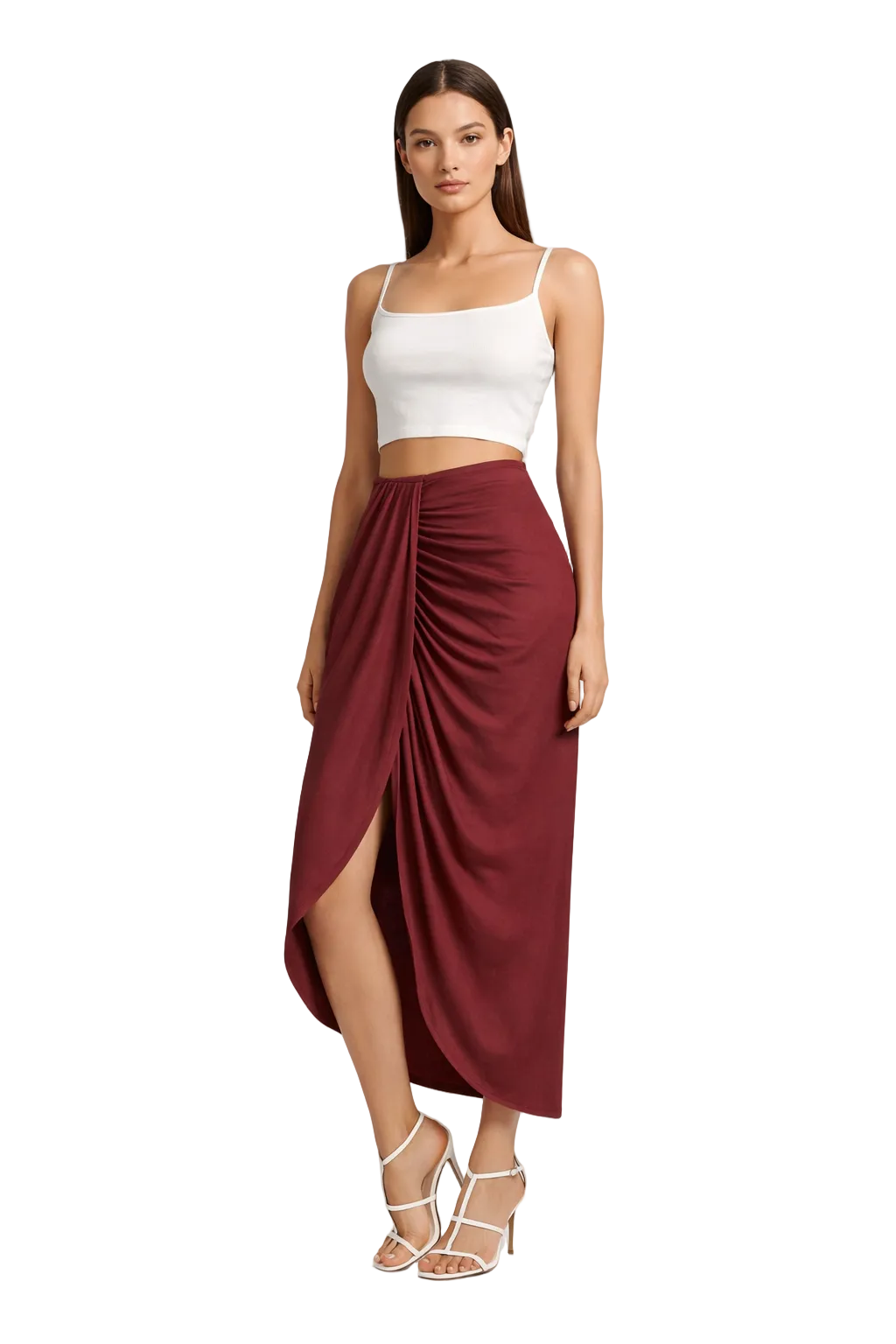 Bordowa kopertowa spódnica midi z drapowanym przodem
