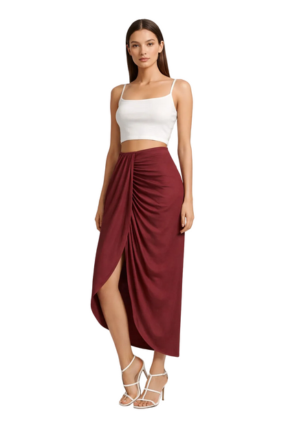 Bordowa kopertowa spódnica midi z drapowanym przodem