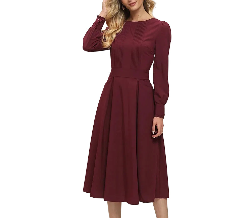 Bordowa sukienka midi z długim rękawem