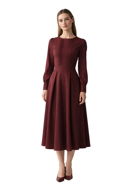 Bordowa sukienka midi z długim rękawem