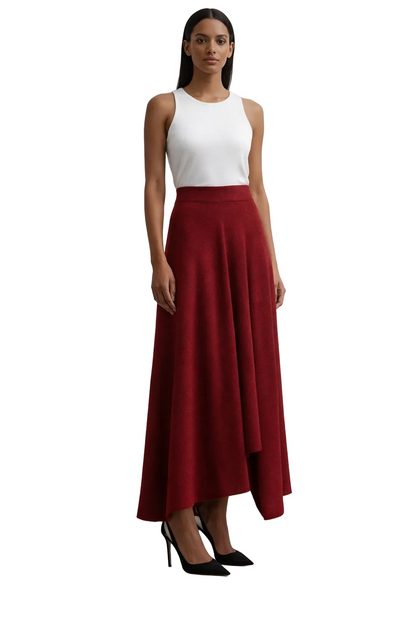 Czerwona asymetryczna spódnica midi z płynnym dołem