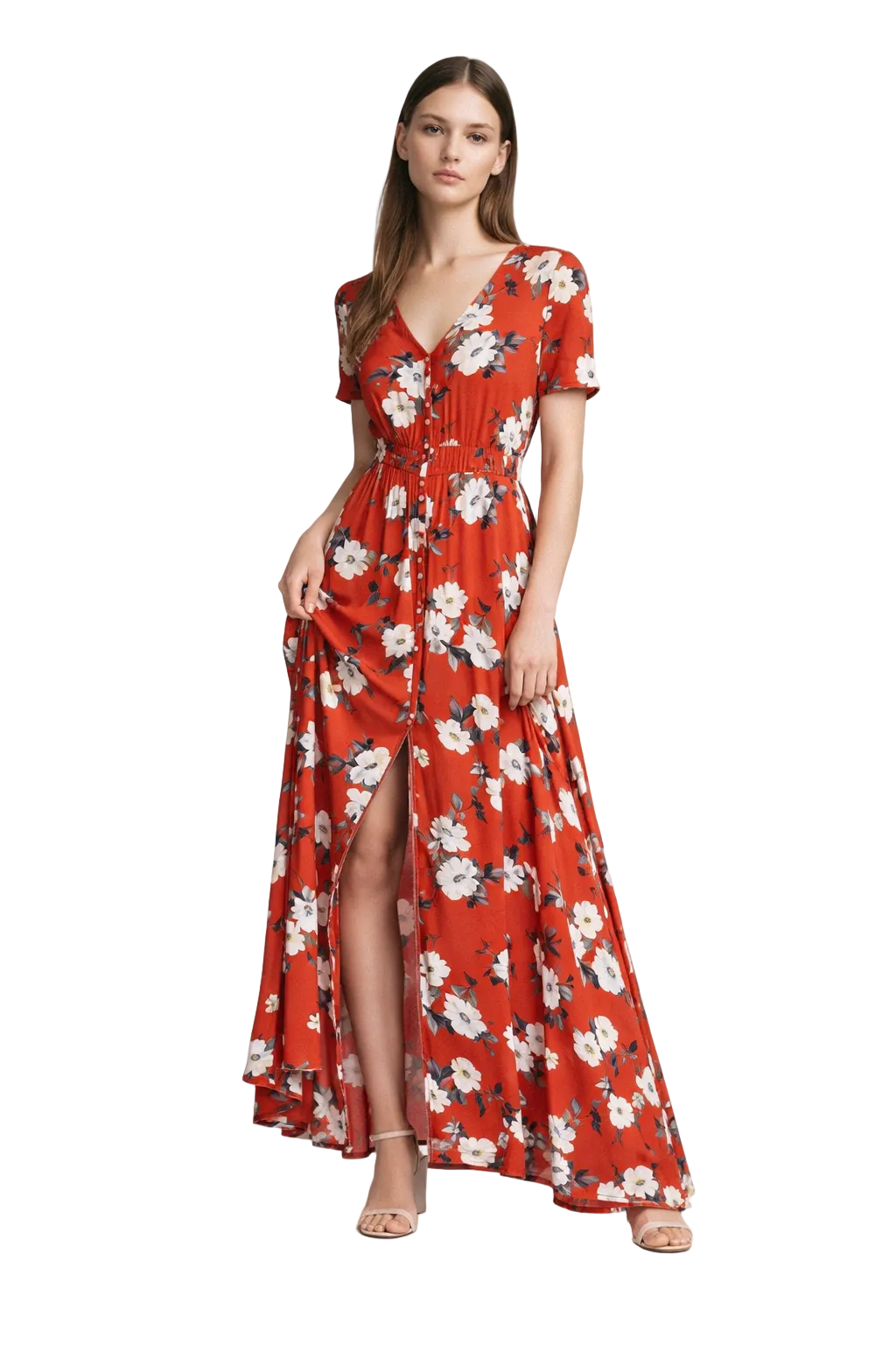 Czerwona sukienka maxi w kwiaty zapinana na guziki