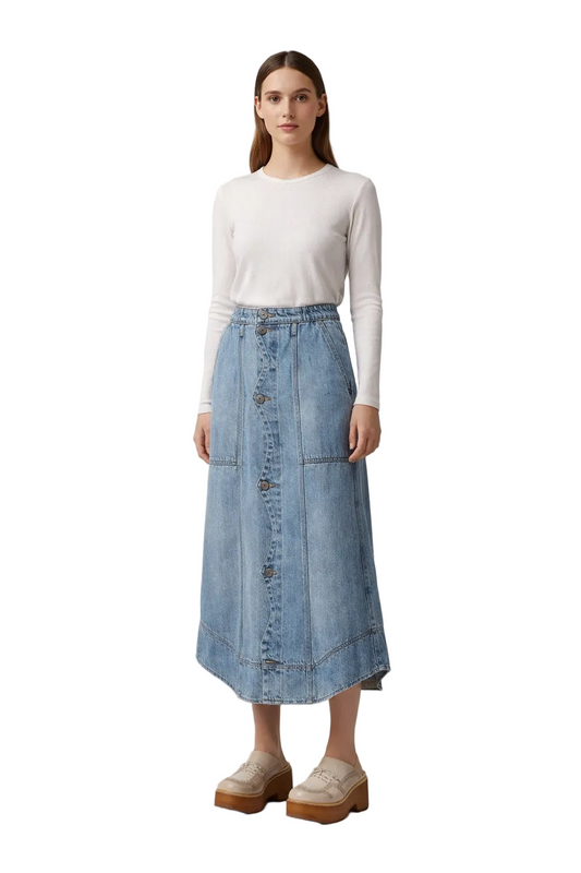 Niebieska dżinsowa spódnica midi zapinana na guziki