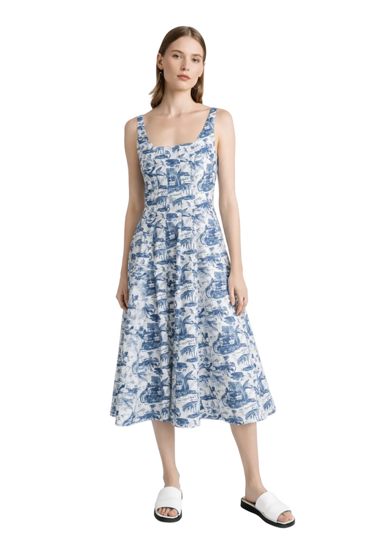 Niebiesko-biała sukienka midi z nadrukiem