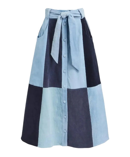 Patchworkowa dżinsowa spódnica midi z wiązaniem w talii