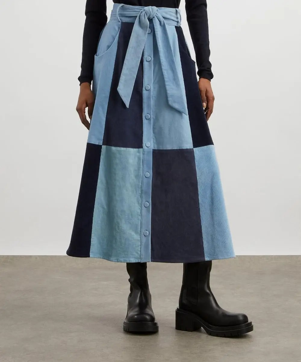 Patchworkowa dżinsowa spódnica midi z wiązaniem w talii