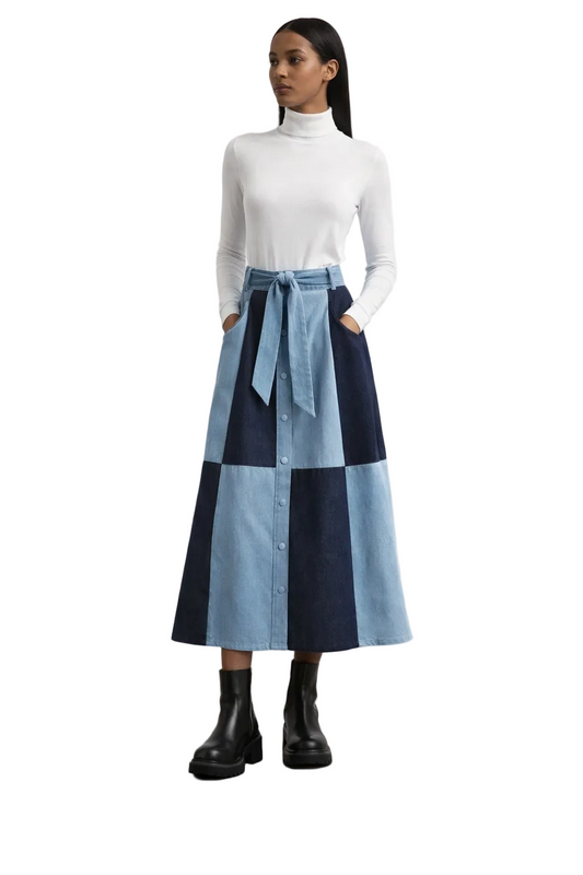 Patchworkowa dżinsowa spódnica midi z wiązaniem w talii